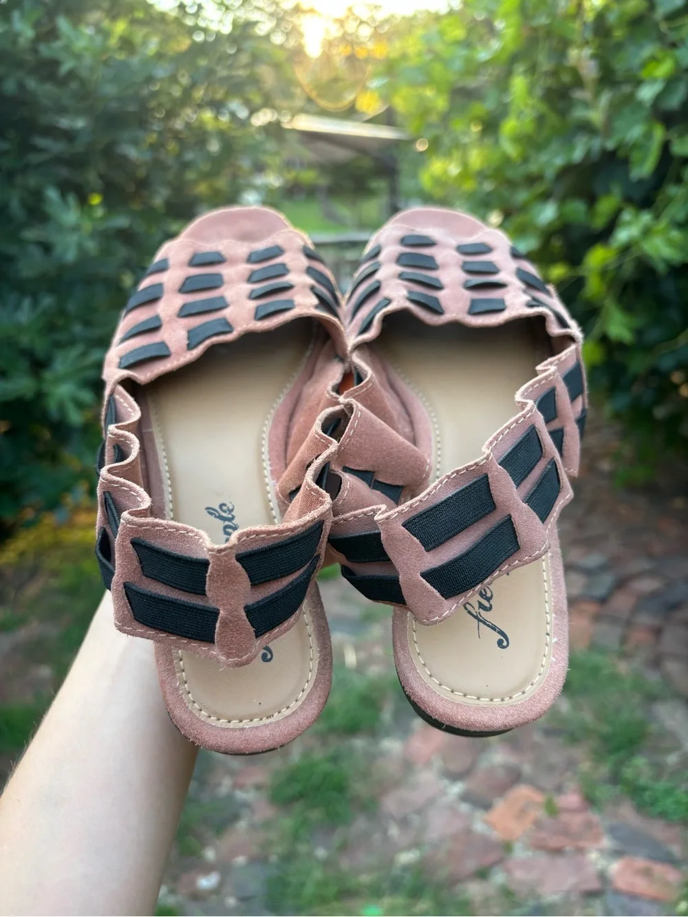 Free People Pink Suede Open-Weave Sandals with Black Straps